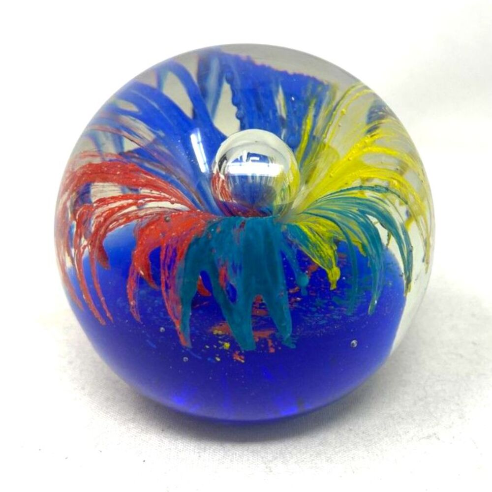 Red Fireworks Paperweight w/ Clear Controlled Bubbles Cobalt Blue Base Heavy EUC
